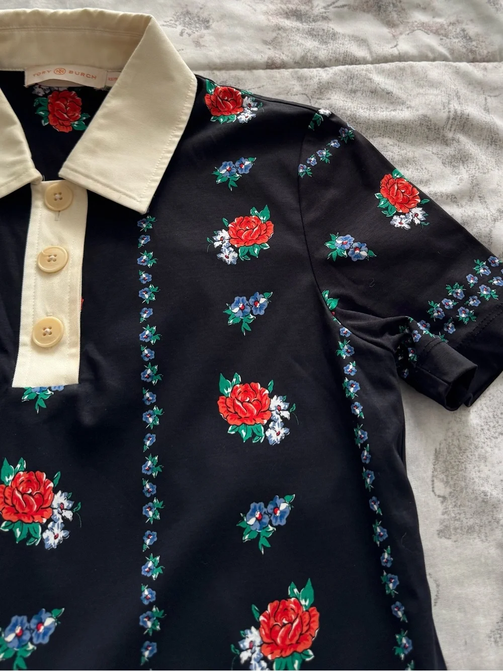 Tory Burch Black Floral Polo lined Dress with Cream Collar, size XS luxury boho